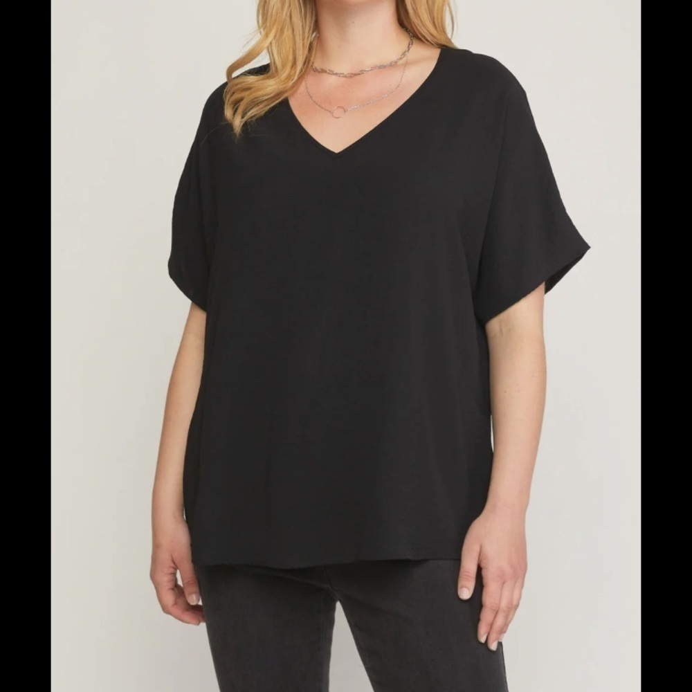 Entro Black Solid V Neck Blouse